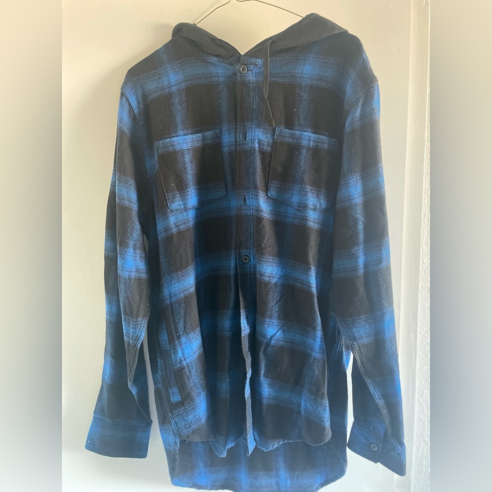 Medium Blue & Black Plaid Shirt w/ Hoodie